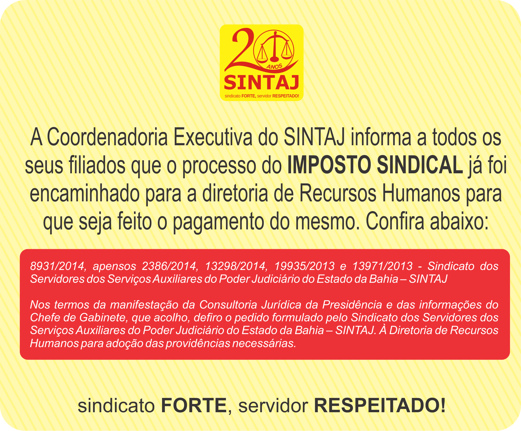 Processo do IMPOSTO SINDICAL encaminhado à Diretoria de Recursos Humanos do TJBA