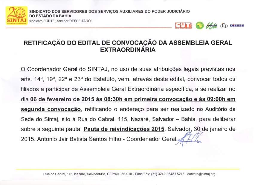ATENÇÃO PARA O NOVO ENDEREÇO DA ASSEMBLEIA